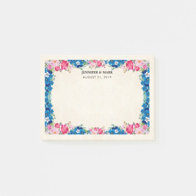 Post-it® Cadre rose et bleu Fleur Mariage élégant (Devant)