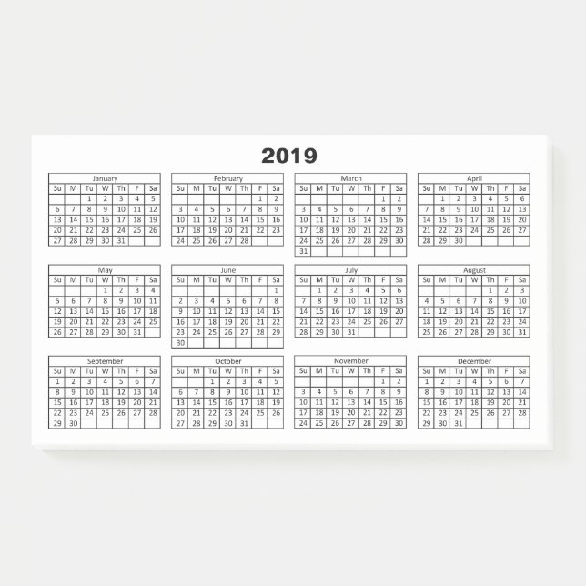 Post-it® Calendrier noir 2019 sur blanc (Devant)