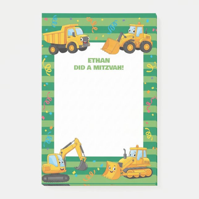 Post-it® Camions de construction verts Mitzvah personnalisé (Devant)