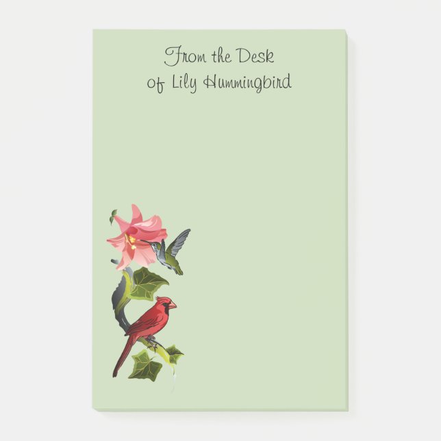 Post-it® Cardinal et colibri avec Lily rose et Ivy (Devant)