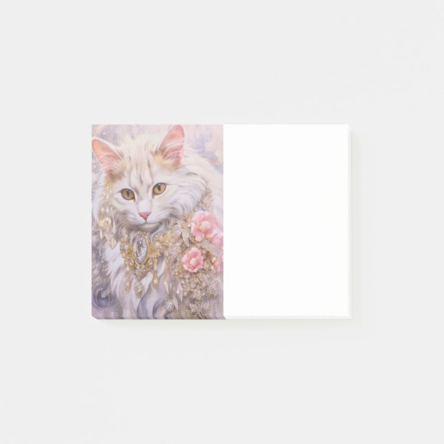 Post-it® Chat blanc élégant en or et diamants (Devant)