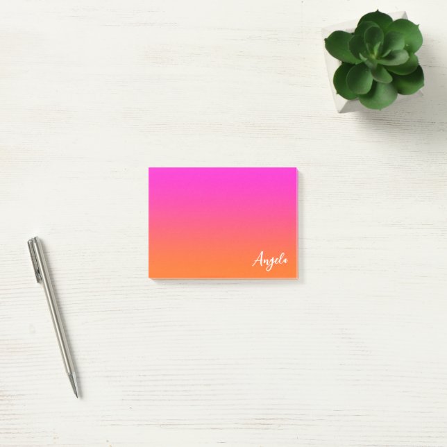 Post-it® Chaud Magenta Rose Orange Clair Ombré Nom Script (Bureau)