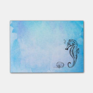 Post-it® Cheval de mer et coquillage sur l'aquarelle bleue