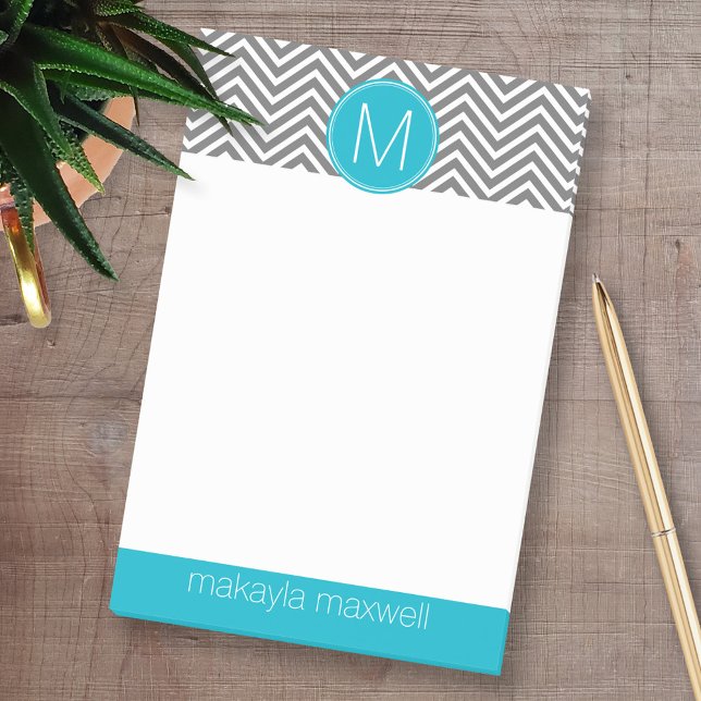 Post-it® Chevrons gris et Aqua avec monogramme (Custom Post-it Note Pads - Add your name and other text)