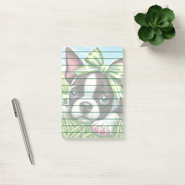 Post-it® Chiot de Boston Terrier avec Bow vert (Bureau)