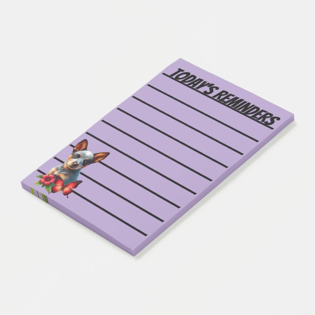 Post-it® Chiot de Heeler mignon avec Papillon et Fleur (Incliné)