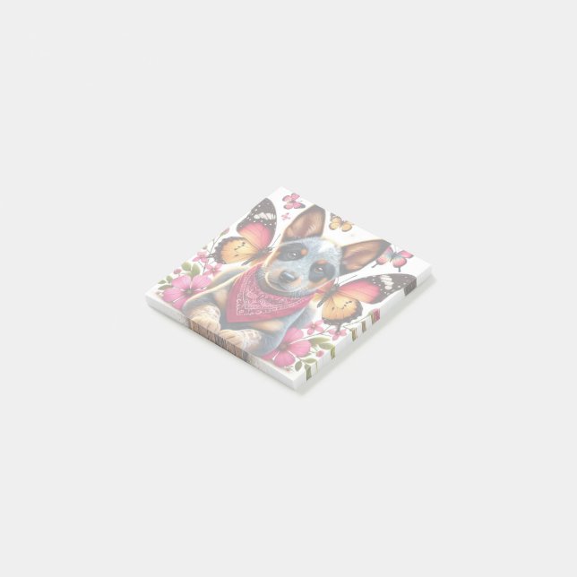 Post-it® Chiot Heeler entouré de papillons et de fleurs (Incliné)