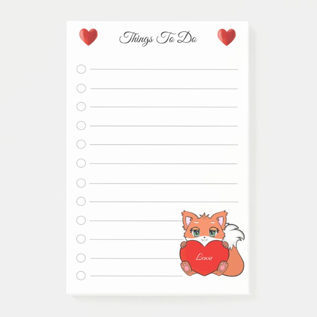 Post-it® Choses à faire & Renard mignon & Notes de cœur d'a (Devant)