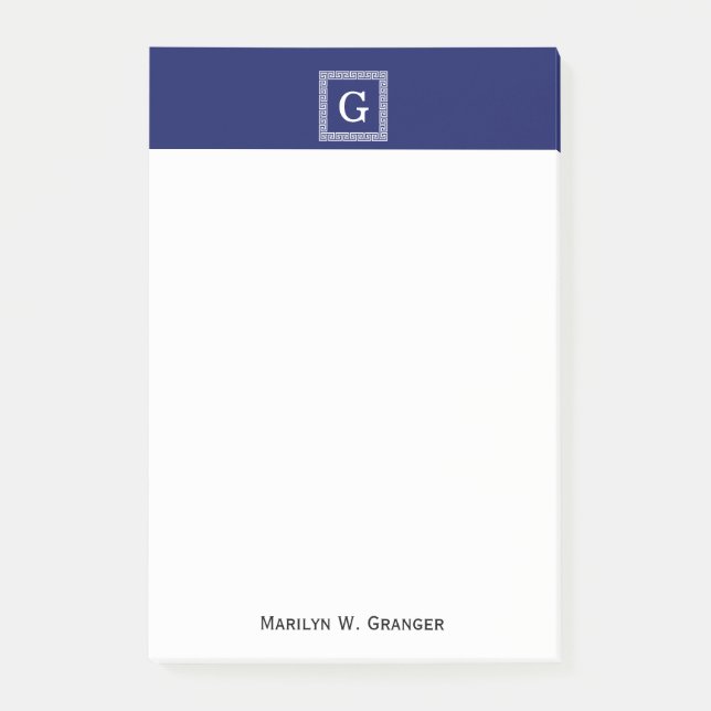 Post-it® Clé grecque blanche bleue marine #1 Monogramme enc (Devant)