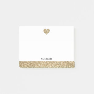 Post-it® Cœur et bordure à paillettes dorées sur fond blanc