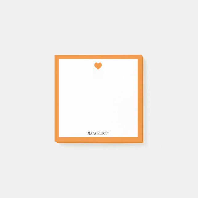 Post-it® Coeur orange vif et frontière sur blanc avec nom (Devant)