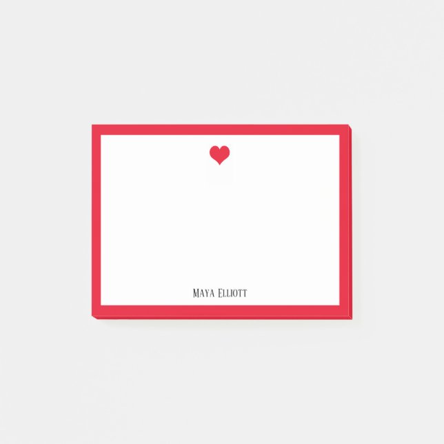 Post-it® Coeur rouge vif et frontière sur blanc avec nom (Devant)