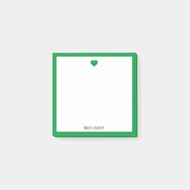 Post-it® Coeur vert clair et frontière sur blanc avec nom (Devant)