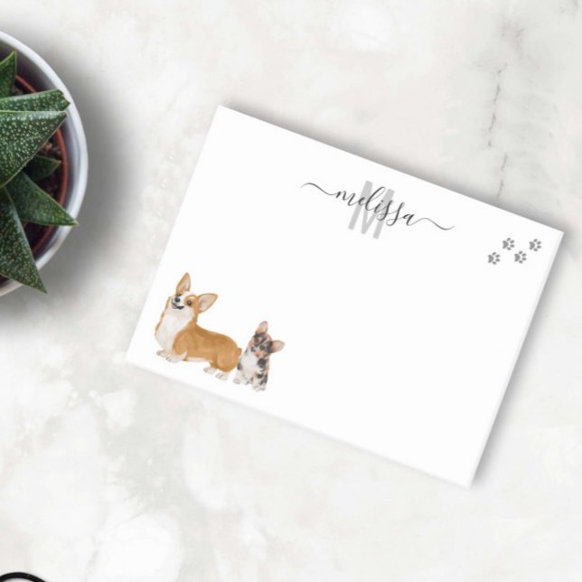 Post-it® Corgi Love Aquarelle Monogramme Personnalisé (Créateur téléchargé)