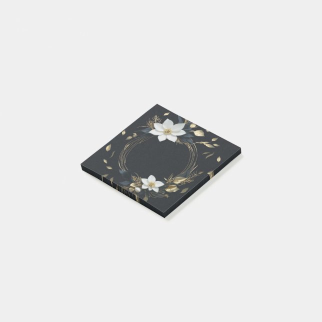 Post-it® Couronne florale élégante noire, blanche et or pou (Incliné)