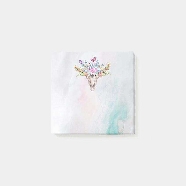 Post-it® Crâne animal Boho avec papillons et fleurs (Devant)