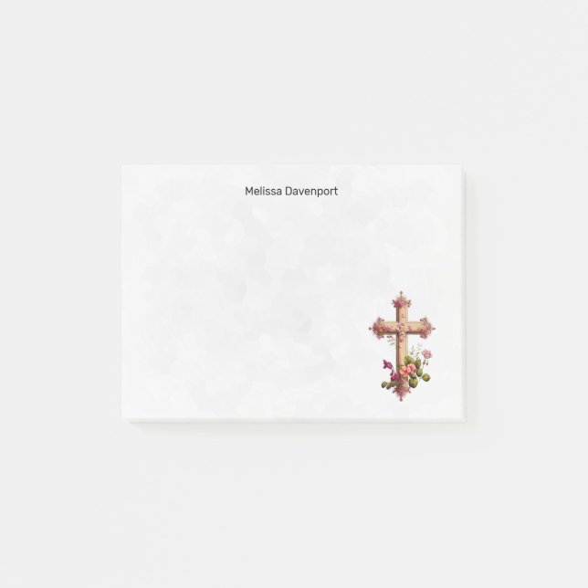 Post-it® Croix en bois élégante aux fleurs roses (Devant)