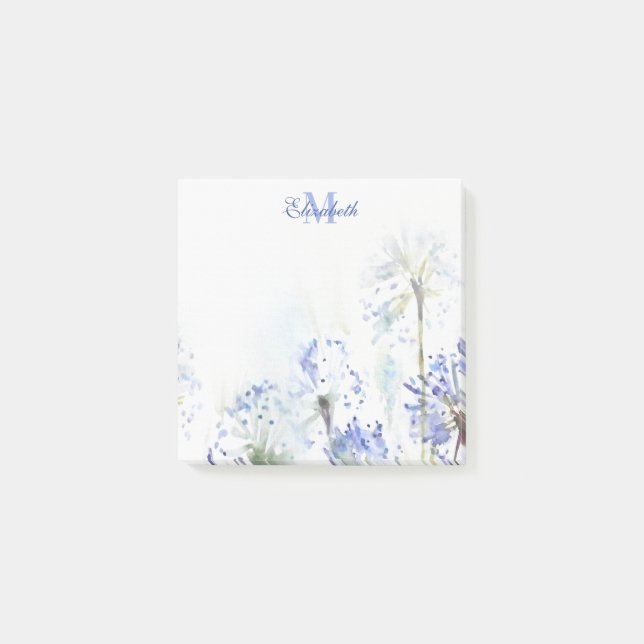 Post-it® Croquis en aquarelle de fleurs d'été bleu monogram (Devant)