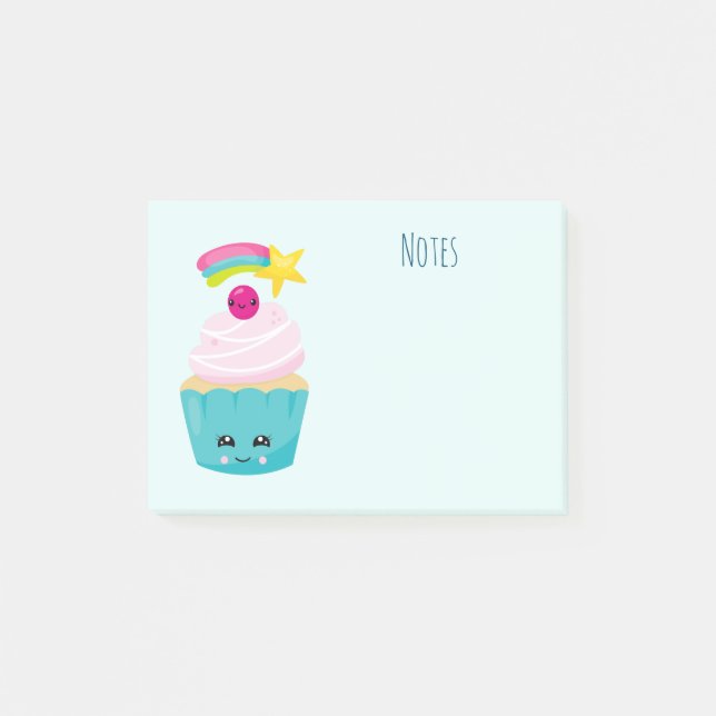 Post-it® Cupcake bleu mignon avec visage Kawaii (Devant)