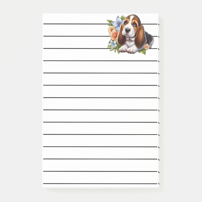 Post-it® Cute Basset Hound Chiot assis avec des fleurs (Devant)