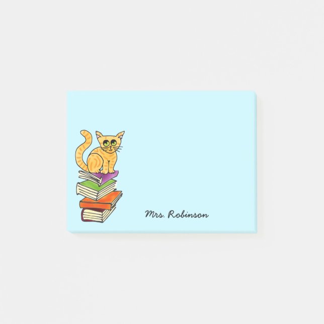 Post-it® Cute Chat sur Pile de Livre Nom de l'enseignant Aq (Devant)