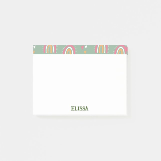 Post-it® Cute Green Boho Rainbow Heart Nom personnalisé (Devant)