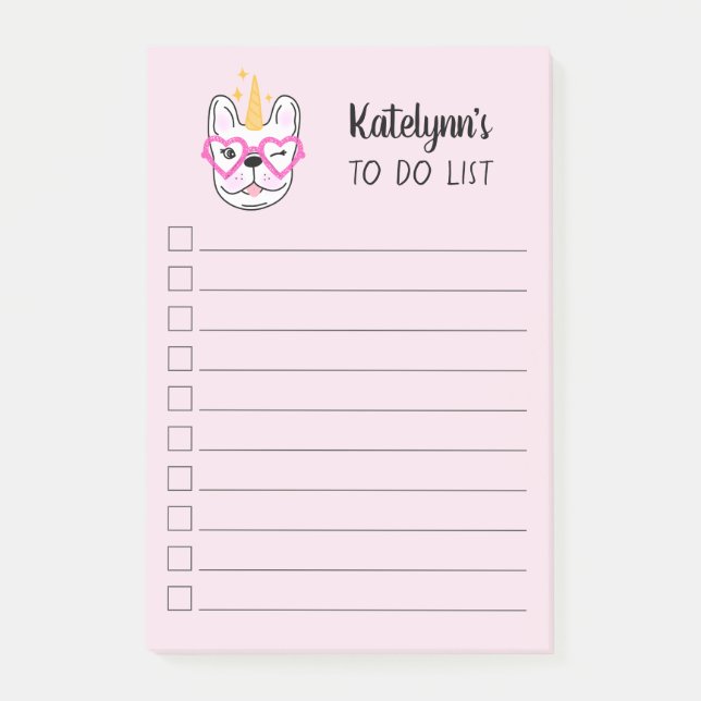 Post-it® Cute Little Frenchie Unicorn| Rose| Personnalisé (Devant)