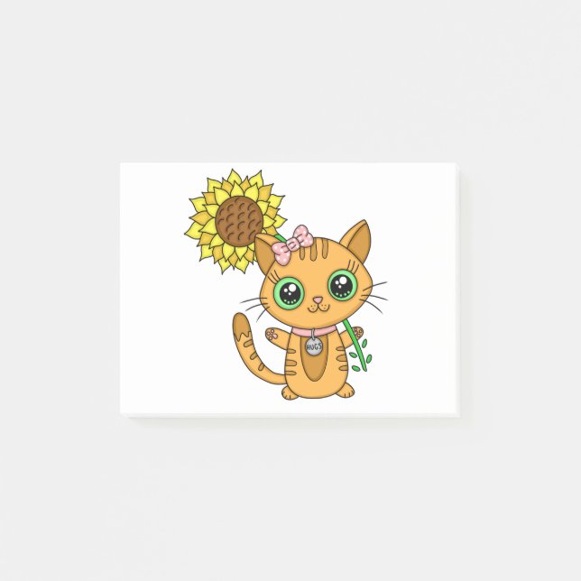 Post-it® Cute Orange Kawaii Chat avec tournesol (Devant)