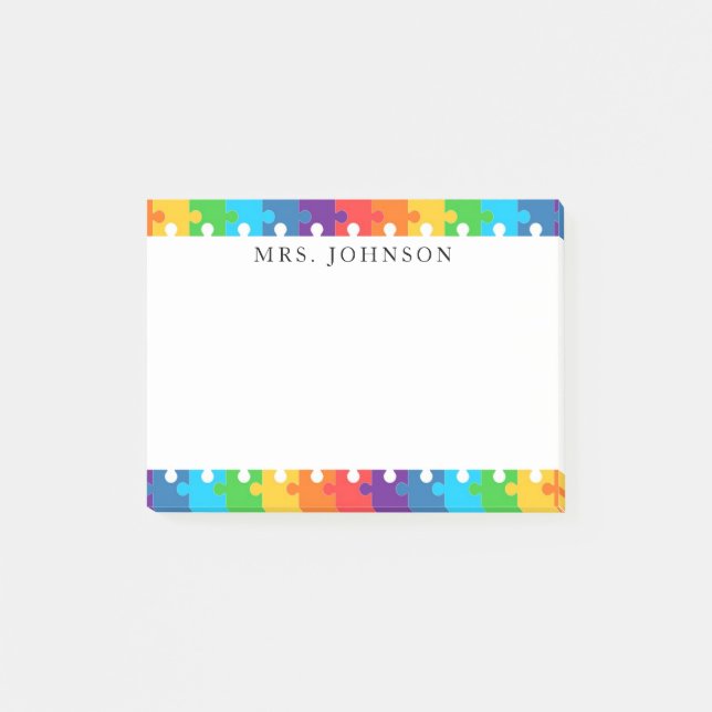 Post-it® Cute Rainbow Jigsaw Puzzle Pièces Enseignants Nom (Devant)