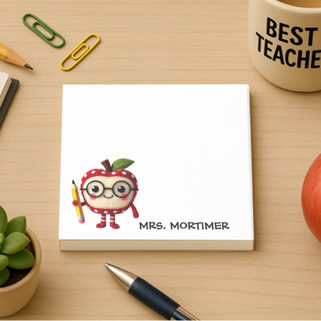 Post-it® Cute Red Apple Holding Yellow Pencil Enseignant 3  (3 x 3 sticky notes for teachers with a cute apple character holding a pencil. personalize with a nam)