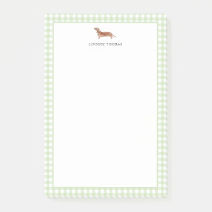 Post-it® Dachshund Brun Gingham Vert Bordure Personnalisée