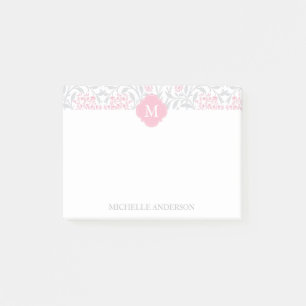 Post-it® Damassé florale rose et grise décorée d'un