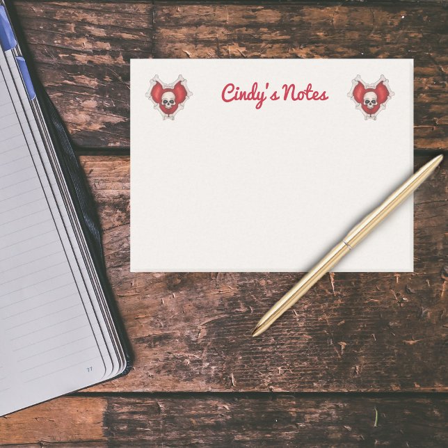 Post-it® Deux Coeurs rouges Éffrayants avec os et crânes bl (Gothic red hearts bordered with bones with skull in center on white post it notes.)
