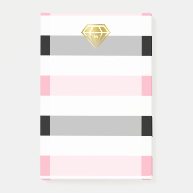 Post-it® Diamant Or & Pink & Black Stripes Monogramme (Devant)