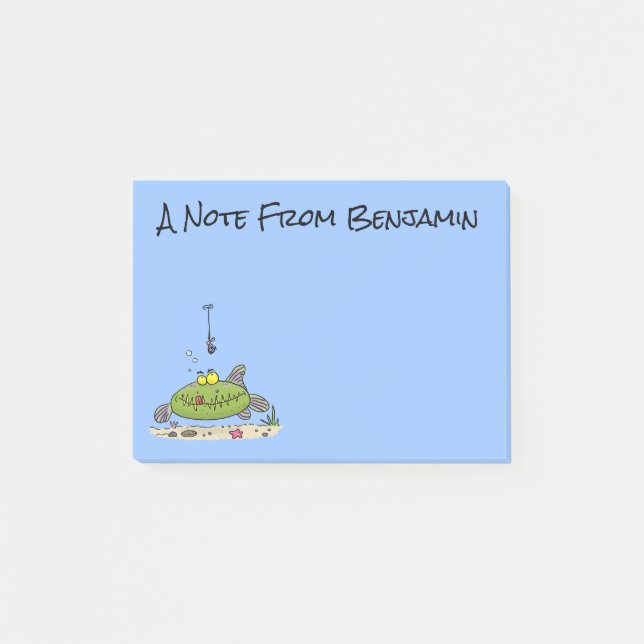 Post-it® Drôle gras affamé poisson vert dessin de pêche (Devant)