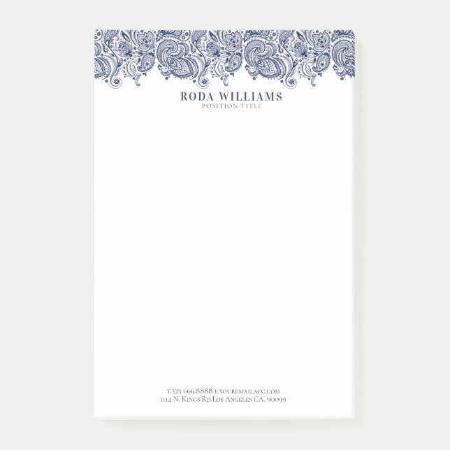 Post-it® Elégant bleu marine orné floral paisley dentelle (Devant)