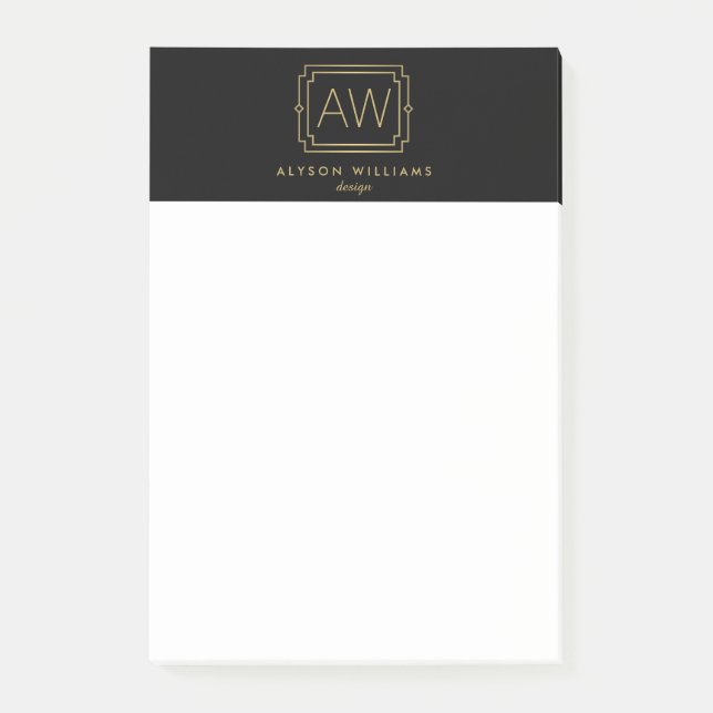 Post-it® Élégant Monogramme professionnel Art Déco Noir/Or (Devant)