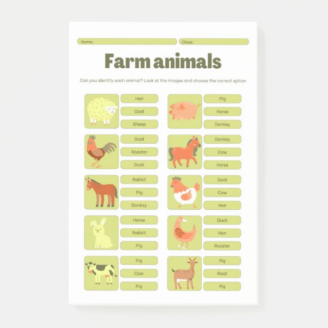 Post-it® Farm Animals Identification Educational Worksheet (Devant)