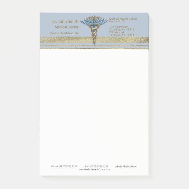 Post-it® Faux Gold Foil Stripes bleu clair Caduceus Médical (Devant)