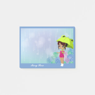 Post-it® Fille Avec Grenouille Parapluie & Fleurs Hydrangée