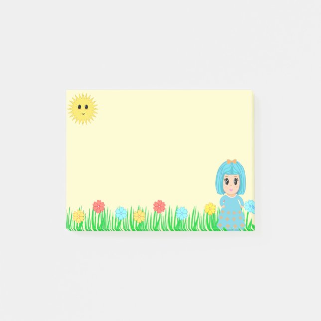 Post-it® Fille mignonne, soleil, fleurs et herbe (Devant)