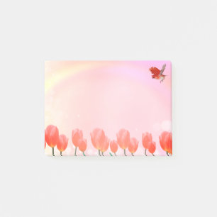 Post-it® Fleurs de tulipes roses corail et oiseau cardinal