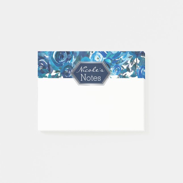 Post-it® Fleurs Florales Indigo Bleu Élégant Chic Mariage (Devant)