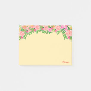 Post-it® Fleurs roses & calligraphie sur jaune clair