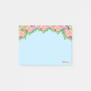 Post-it® Fleurs roses et calligraphie sur fond bleu clair