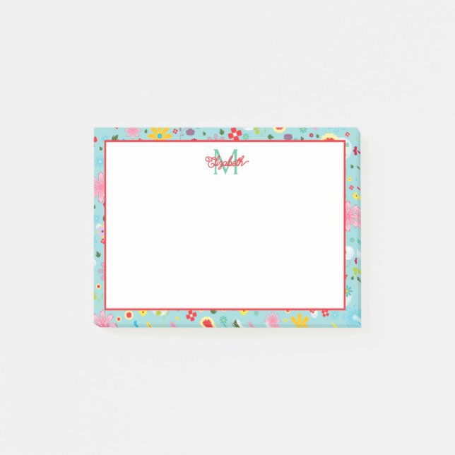 Post-it® Fleurs roses et rouges sur Monogramme Turquoise (Devant)