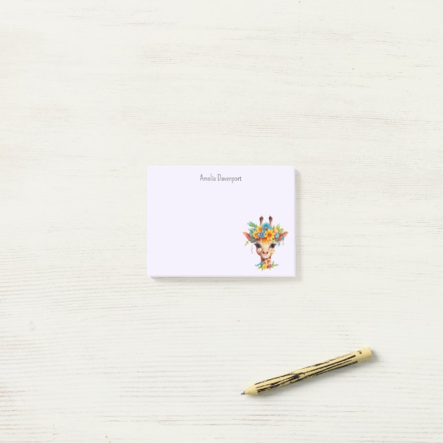 Post-it® Giraffe mignonne à couronne florale (Sur un bureau)