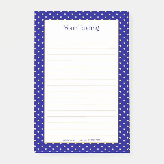 Post-it® Girly Hearts Faux Gold Foil Royal Blue Motif (Devant)
