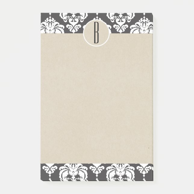 Post-it® Gris Blanc Glam Damassé Kraft Monogramme Initiale (Devant)