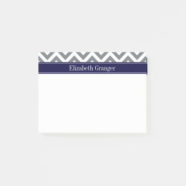 Post-it® Gris Charbon Lg Chevron Bleu Marine Monogramme Nom (Devant)